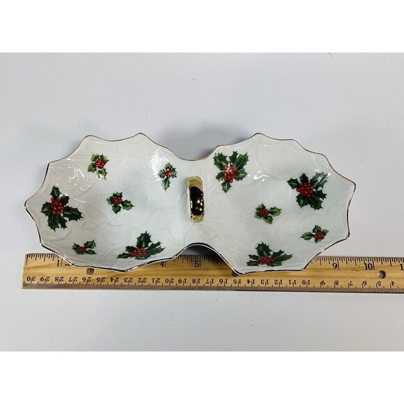 Lefton Porcelain Holly & Berries Divided Candy & Nut Dish Gold Handle #8192 - Picture 2 of 3